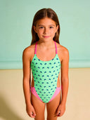 Costume intero bambina da mare Alte L042AF -Palme, dettaglio indossato
