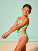Costume intero bambina da mare Alte L042AF -Palme, dettaglio indossato